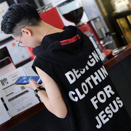 无袖T恤背心男士潮牌夏季运动个性潮流砍袖INS宽松连帽嘻哈潮坎肩