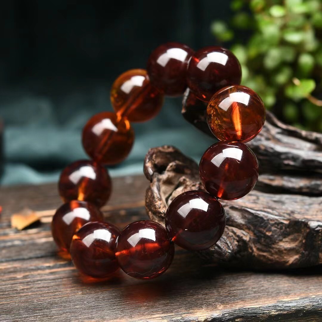 天然老蜜血丝珀手串手链琥珀原石打磨净水情侣手饰