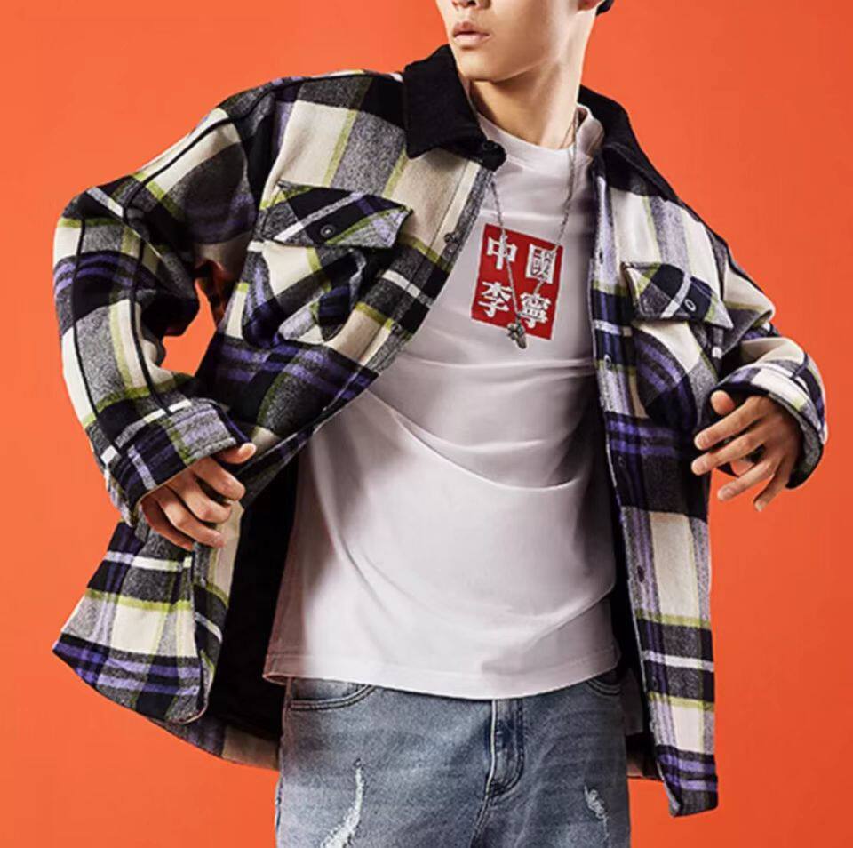 中国李宁男款运动篮球系列格纹休闲翻领棉服运动茄克