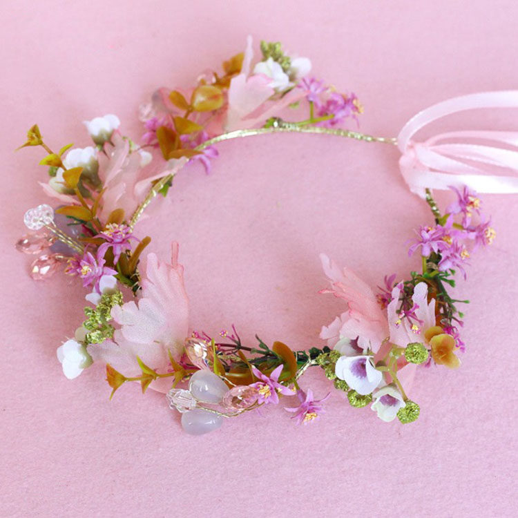 花环热销新款儿童手工串珠粉色仿真桃花女童发饰