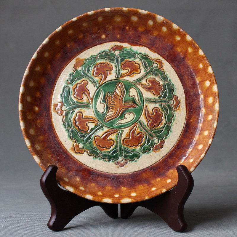 唐三彩雕刻花纹平盘手工艺品仿古古老货老家居瓷器摆件