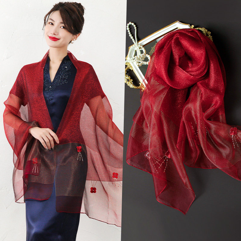 红色丝巾旗袍披肩妈妈婚礼礼服外搭高端婚宴围巾