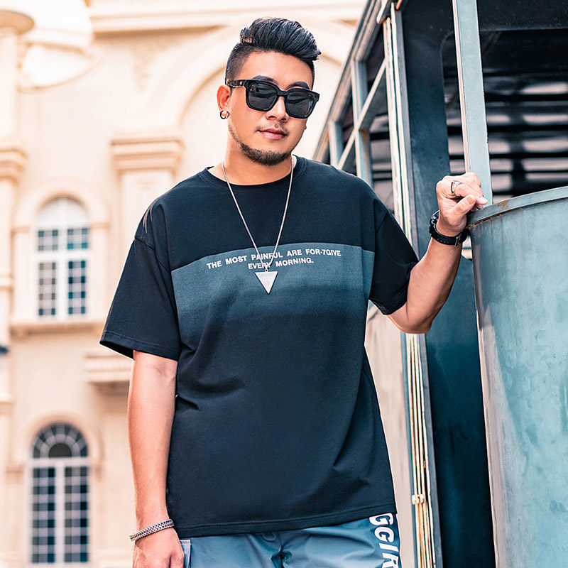 肥仔超肥大码t恤弹力圆领打底衫胖子加肥加大号t恤文字印花男短袖