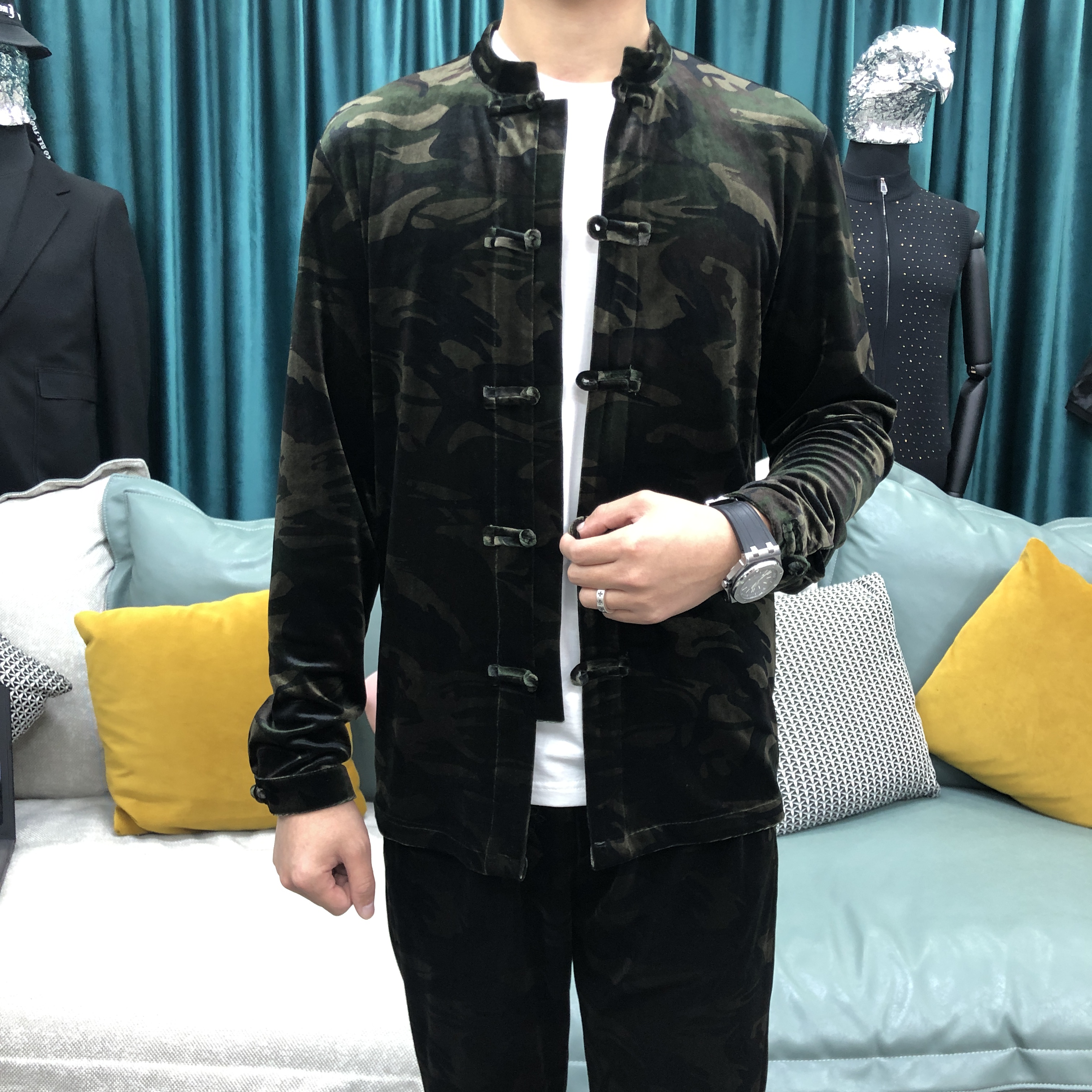 金丝绒迷彩唐装男2021春秋轻薄中国风盘扣成套民族服国潮修身透气