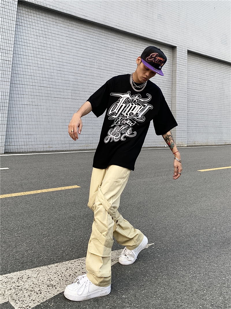 blacksoag美式街头嘻哈复古短袖西海岸卡诺花体字宽松t恤