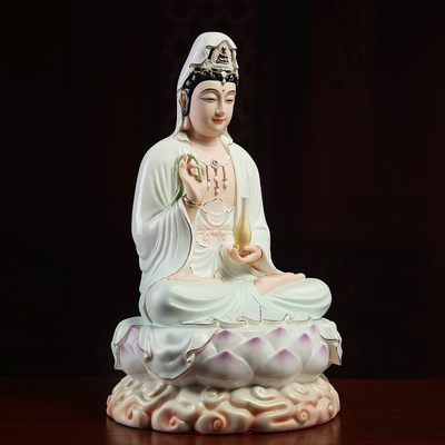 家用七珍陶瓷南海观音佛像绿衣彩坐莲观世音菩萨坐像供奉摆件