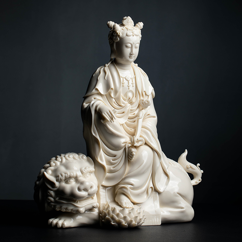 七珍佛像金田像周童子五髻文陶瓷仿古菩萨文殊摆件