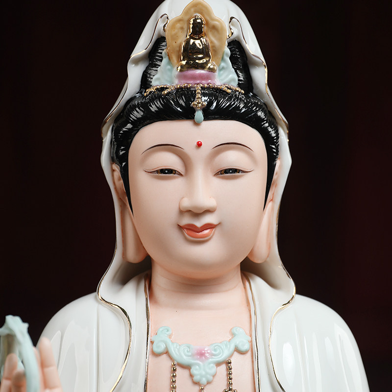 七珍彩绘陶瓷荷叶观音菩萨佛像摆件观世音菩萨客厅家用供奉神像