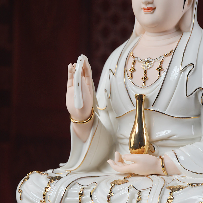 七珍陶瓷全莲多宝观音佛像摆件观世音菩萨德化陶瓷摆件