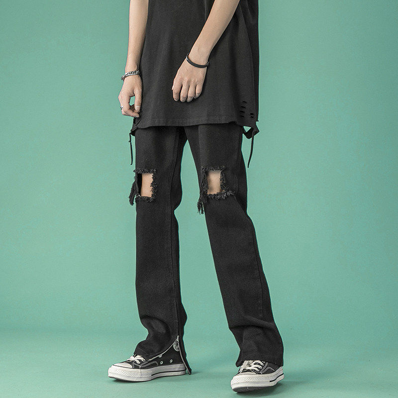 破洞牛仔裤夏季薄款潮牌嘻哈拉链乞丐裤子港风牛仔裤
