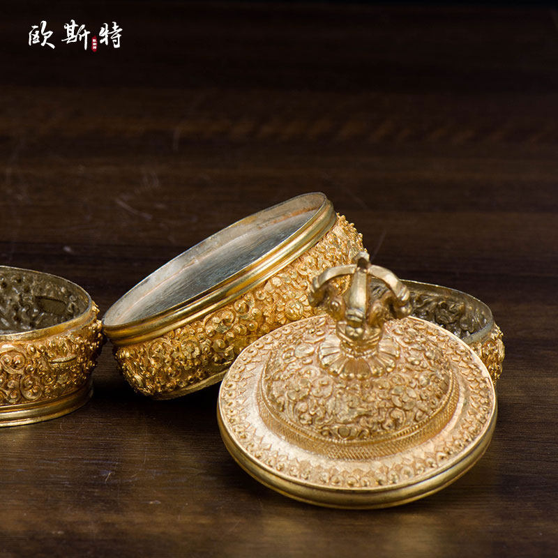 欧斯特佛堂供品摆件修粮专用铜全鎏金佛具用品供具米盒高17cm