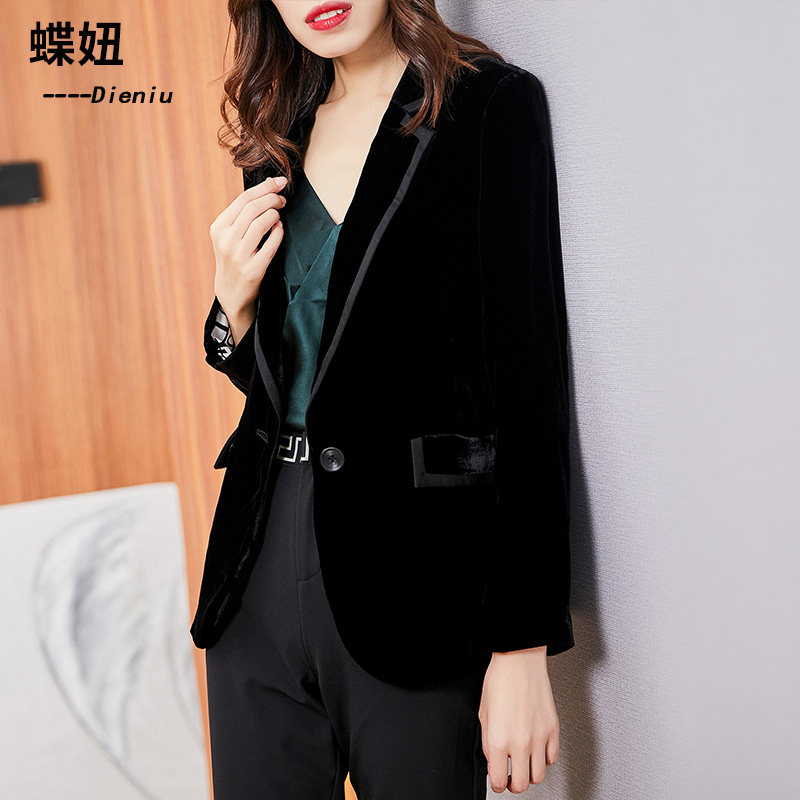 黑色真丝丝绒小西西装大码女装春秋一粒扣通西装