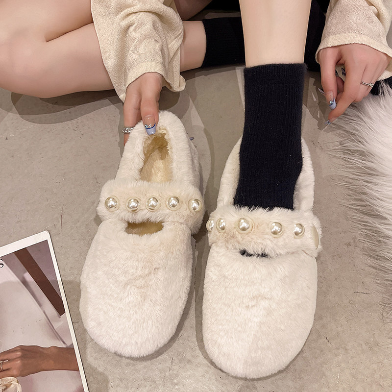 网红白色毛毛鞋女2022新款秋冬百搭珍珠平底防滑仙女外穿豆豆棉鞋