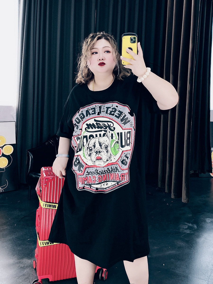 个性 裙子酷潮女200斤胖mm夏装 宽松t恤裙 大码 女装 卡通印花长款