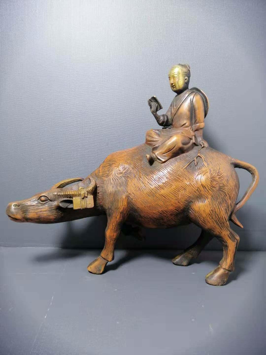 摆件鐦銧纯铜童子骑牛牧童牛孺子生肖牛鐦家居风水摆件
