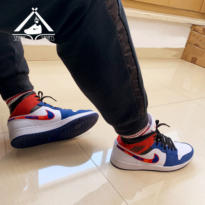 airjordan1midaj1彩钩白红蓝红蓝鸳鸯拼接中帮篮跑步鞋