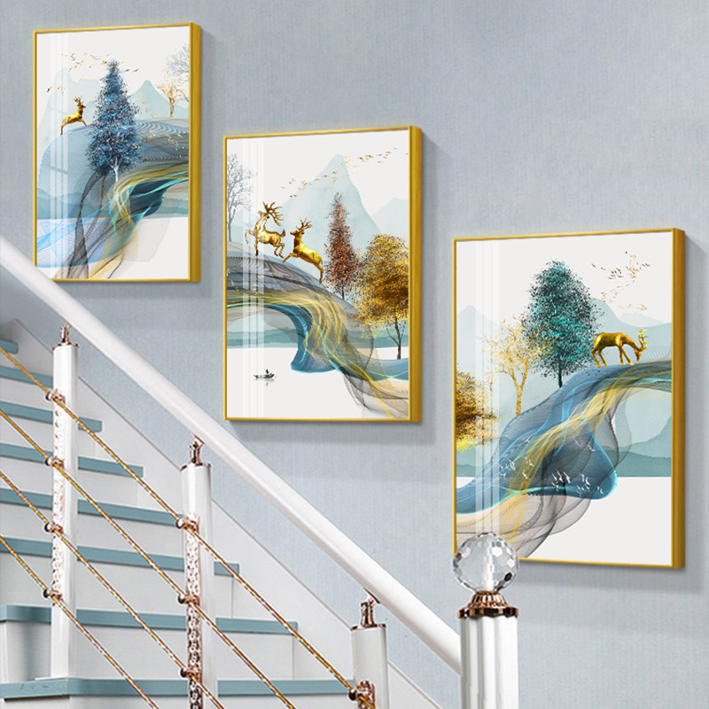 复式楼梯装饰画楼道三联挂画轻奢酒店客厅玄关现代装饰画