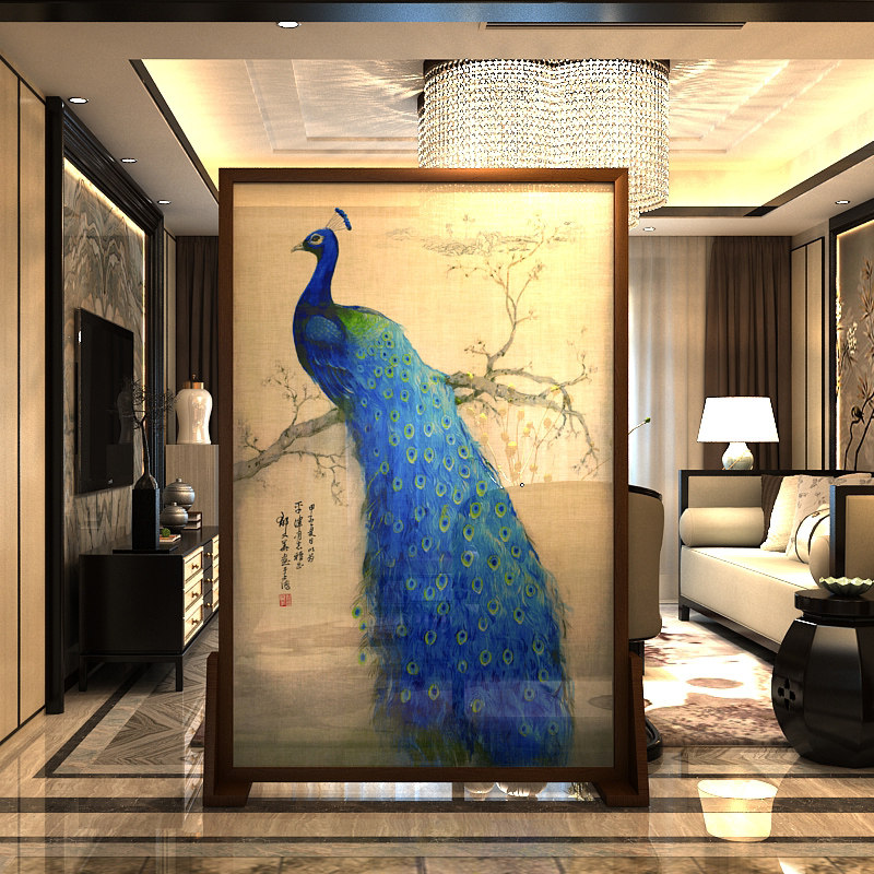 屏风隔断客厅玄关中式现代简约双面实木半透明纱质座屏孔雀装饰