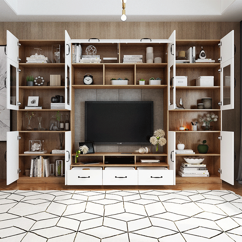 定制北欧客厅电视柜书柜一体组合整体背景墙玻璃电视柜