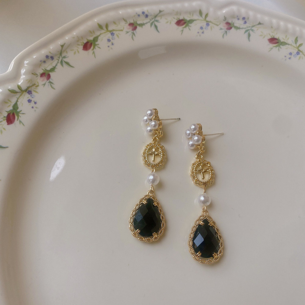 有点珍珠宝石水滴风水女港耳环水晶长款宫廷耳环