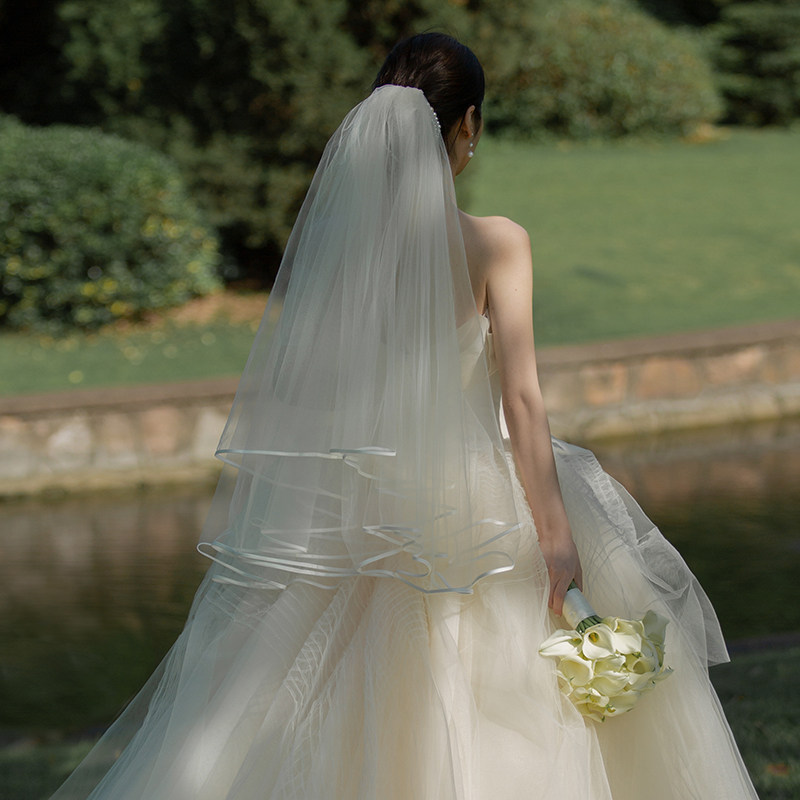 头纱新娘主婚婚纱新款头饰超仙森系短款双层头纱