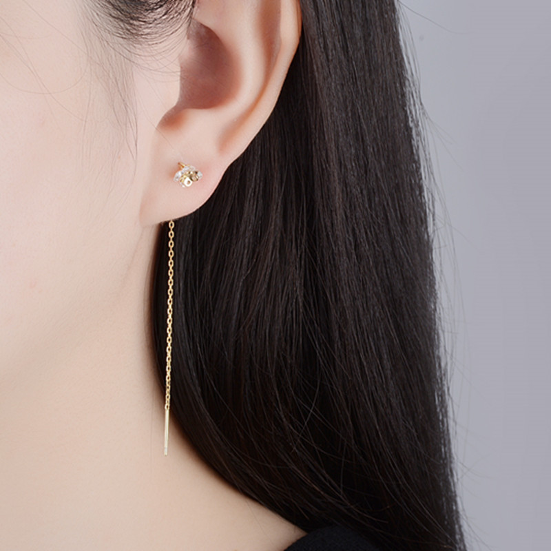 美国长耳钻花四瓣14k闪闪发光白锆钻四叶草约美简约耳线