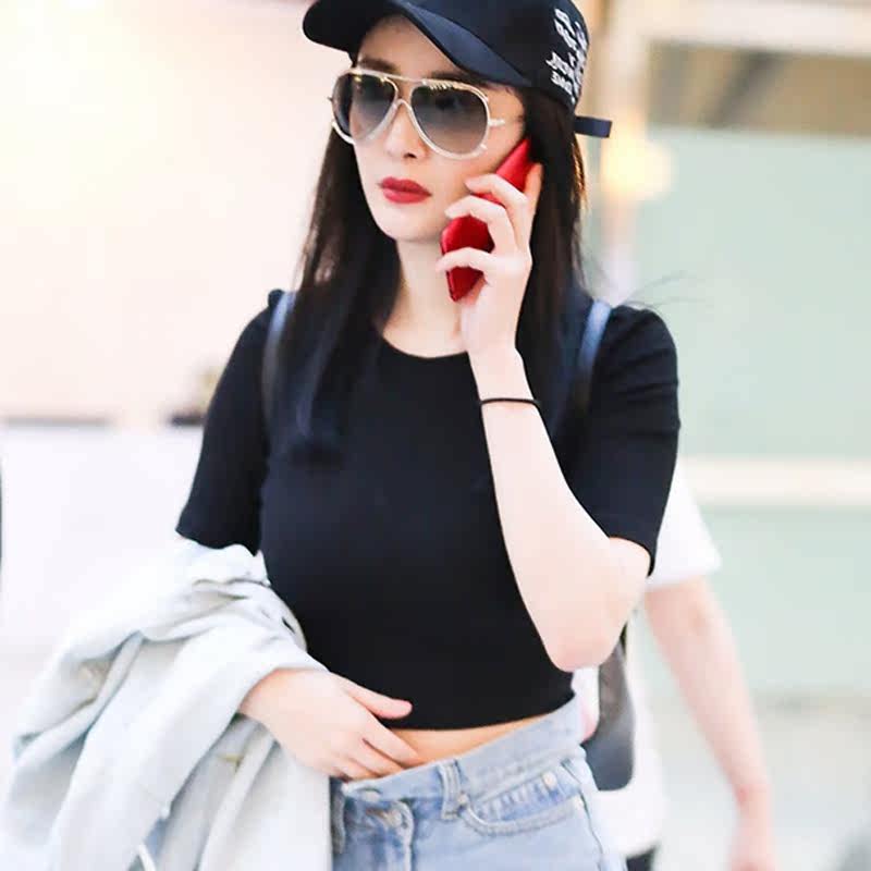 杨幂同款衣服女2017新款紧身超短款t恤露脐上衣