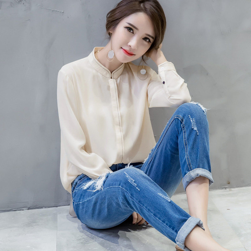 素典宽松休闲白衬衫秋装新款女装韩范明线长袖雪纺衫百搭衬衣上衣