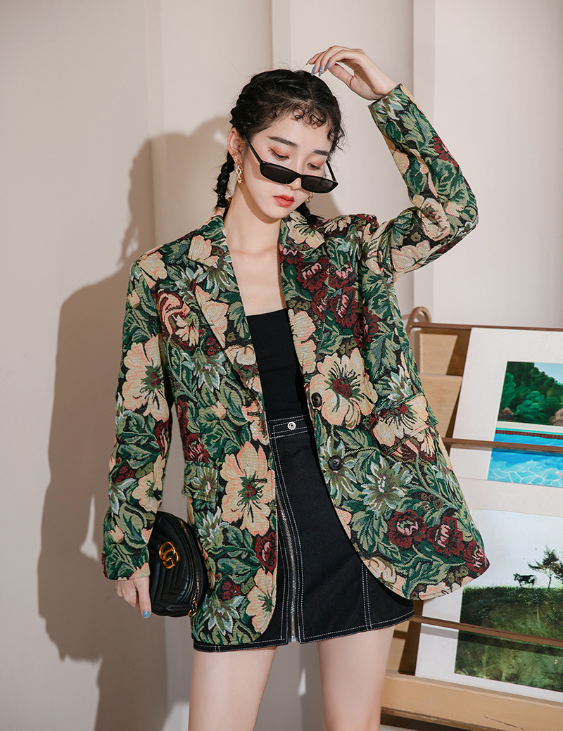 复古花色西装外套女秋宽松气质设计小众西服西装