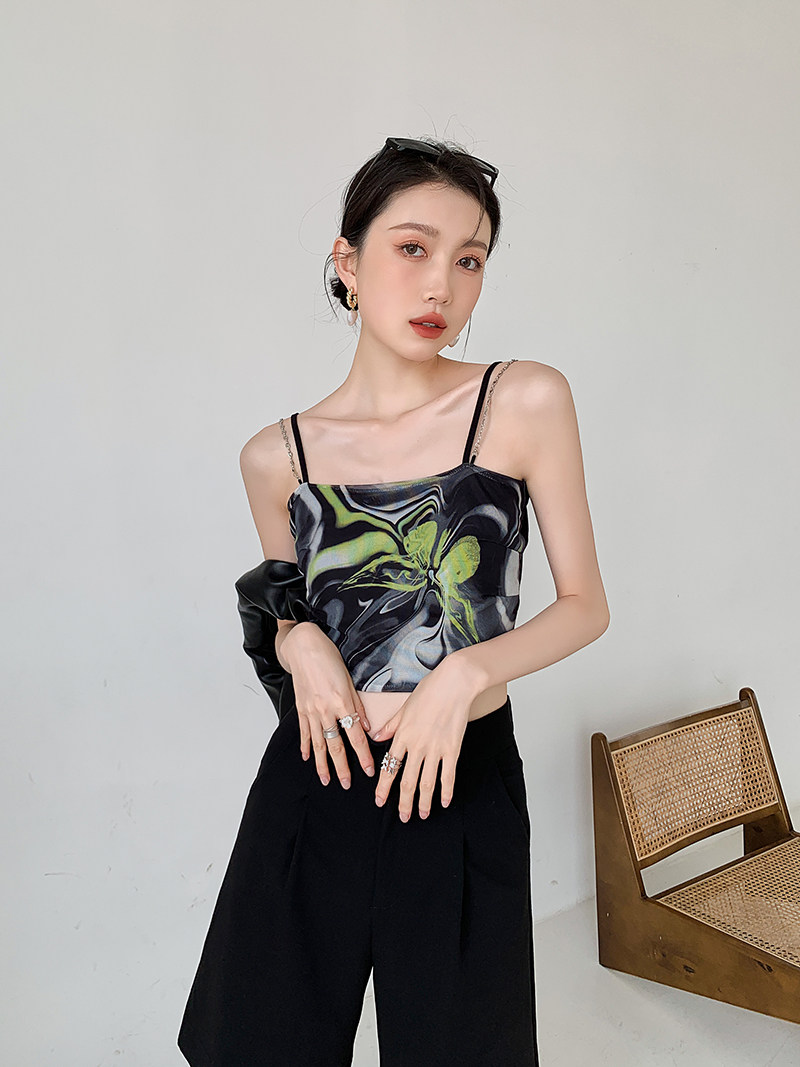 渐变变色蝴蝶印花链条吊带背心女夏新露抹胸背心吊带