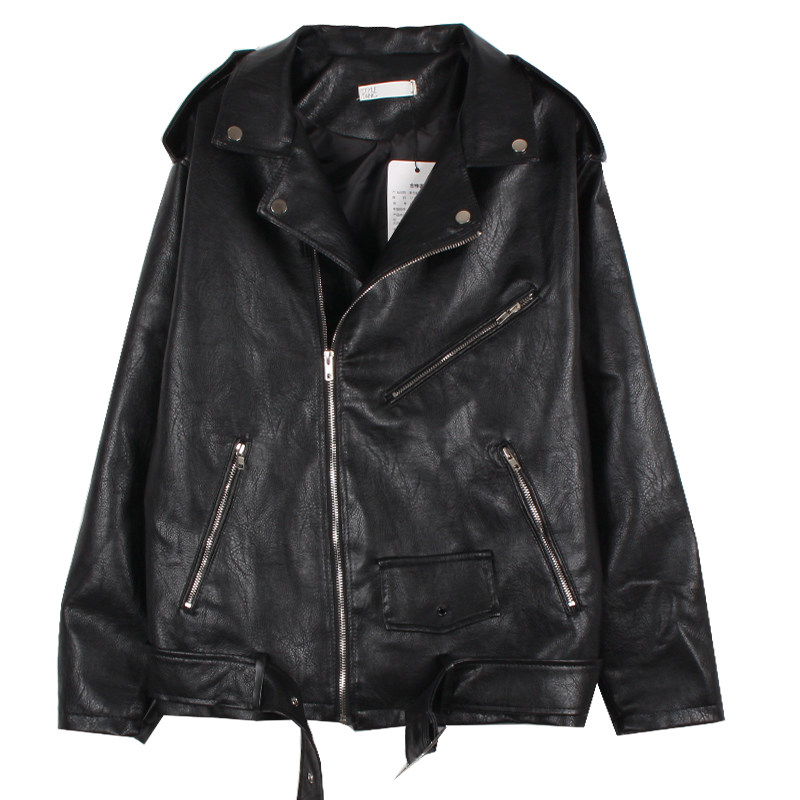 vintagetang美式复古黑色翻领皮衣外套女潮ins街头皮衣