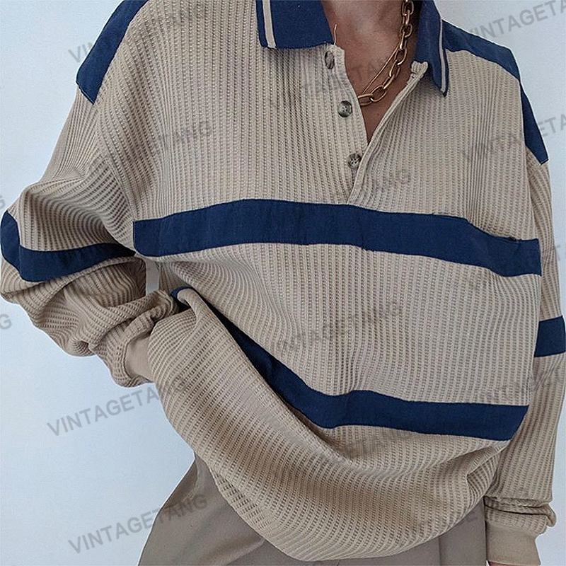 VintageTang美式复古米灰色针织Polo衫条纹毛衣宽松慵懒风嘉叁