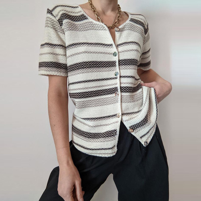 vintagetang美式复古古米白色条纹短袖恤潮ins女夏t恤