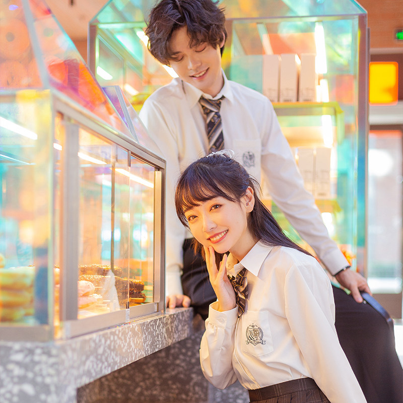 下课原创正版jkdk刺绣长袖衬衫黑白情侣学院衬衫