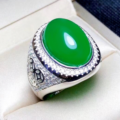 念玉s925镶嵌天然帝王绿玉戒指纯银男款活口玉色大戒镶钻手饰