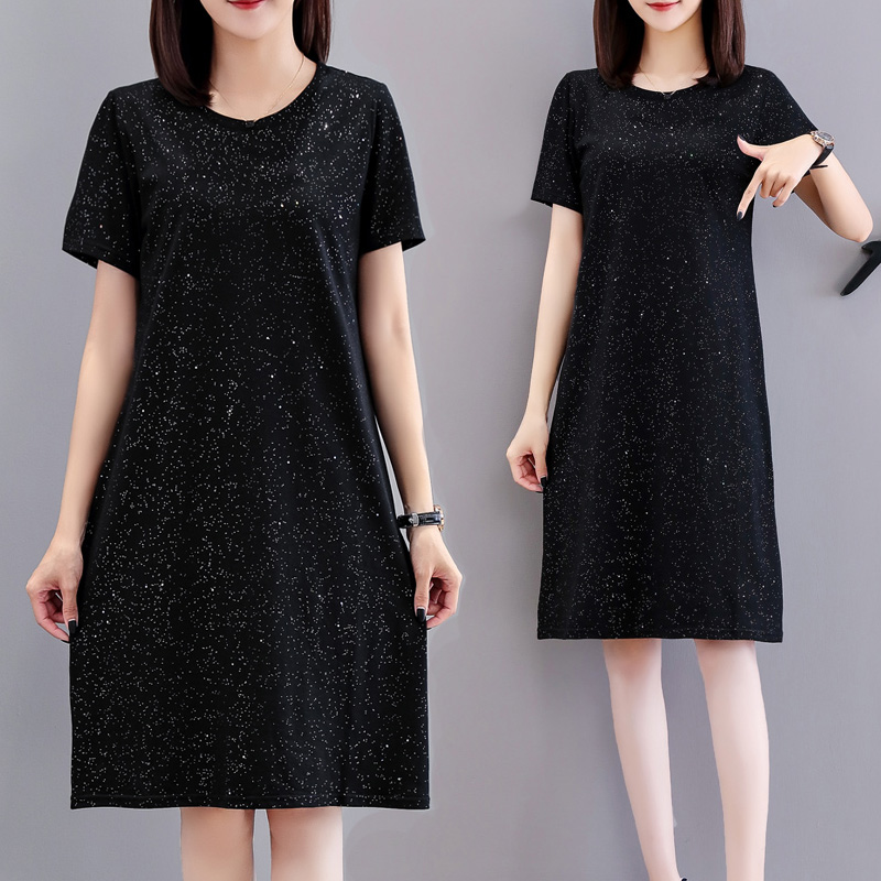 欧货大版2022夏装新款宽松亮丝中长款ins短袖t恤女大码显瘦连衣裙