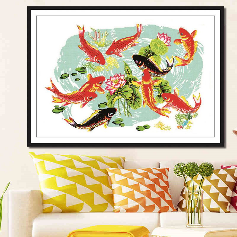 年年有余十字绣九条鱼客厅2020新款九鱼戏莲鲤鱼荷花十字绣套件