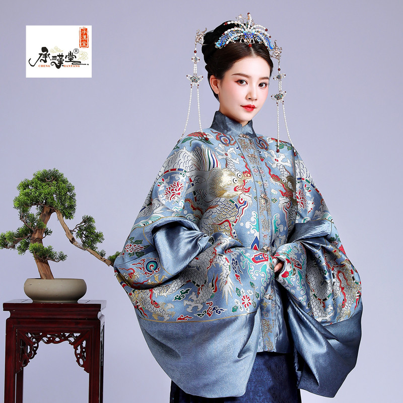 汉堂浅竹月织金通过肩龙柿蒂妆花立领夹衣定陵汉服