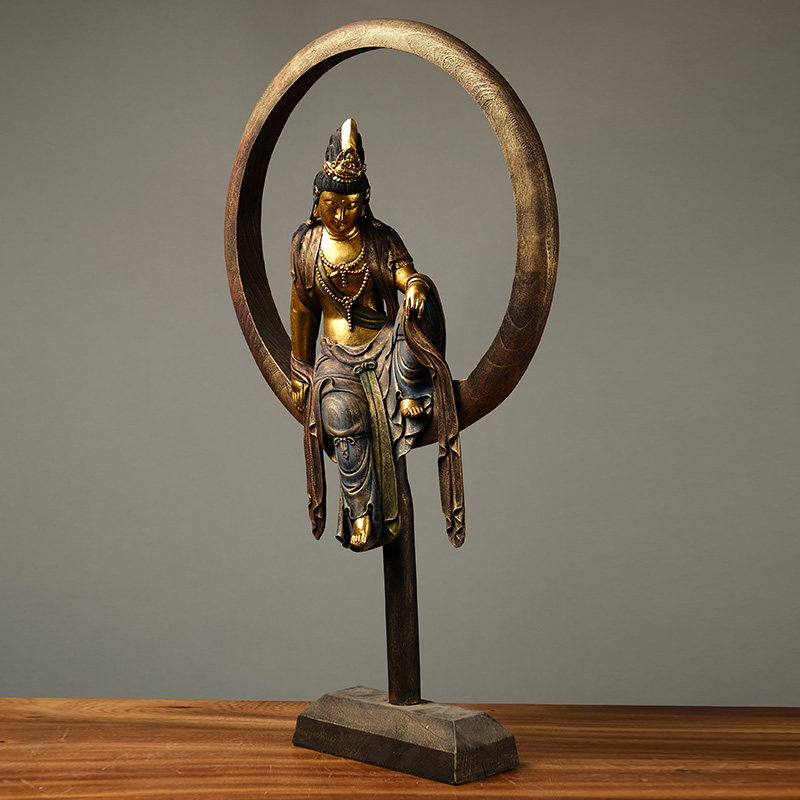 香樟樟木日月菩萨冲砂彩绘佛像仿古家居供奉装饰摆件