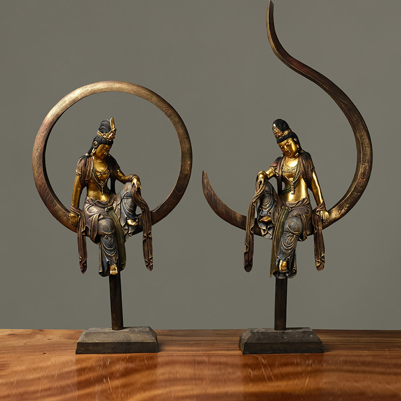 香樟樟木日月菩萨冲砂彩绘佛像仿古家居供奉装饰摆件