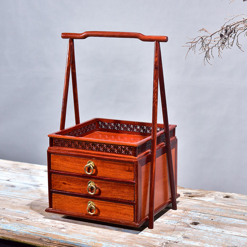 提篮缅甸花梨木桌桌面抽屉收纳食盒古代饭盒饰品盒