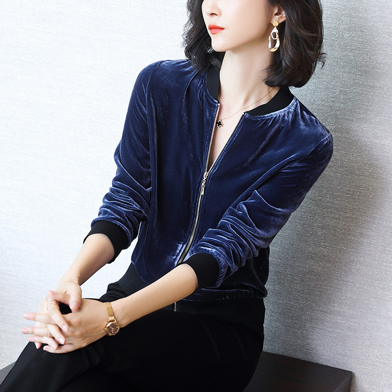 真丝丝绒外套女2021秋装新款桑蚕丝上衣宽松开衫金丝绒夹克棒球服
