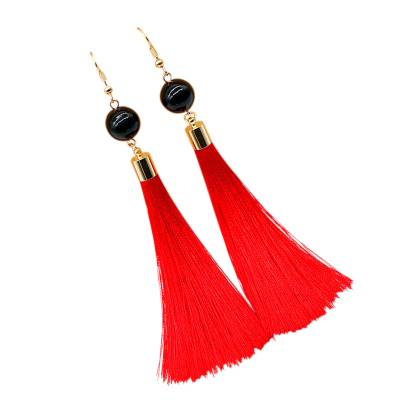 民族风绣线耳环大气夸张中长红色流苏耳坠旗袍耳环