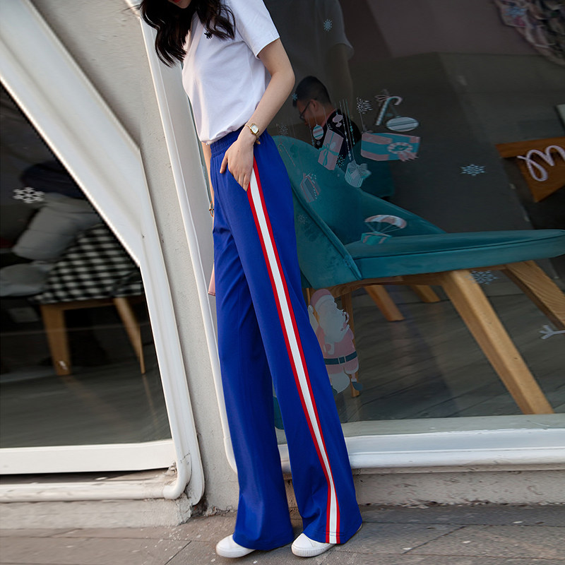 运动裤女秋冬加厚宽松直筒裤侧条纹黄色阔腿喇叭裤高腰垂坠休闲裤