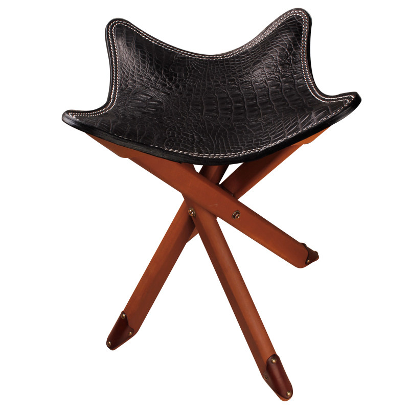 牛皮木凳可折叠复古四脚植鞣雕花真皮压花户外户外椅子凳子