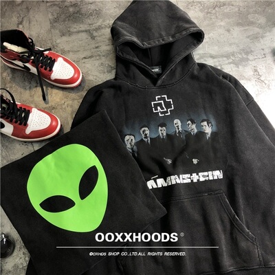 地下乐队冷酷潮暗黑丧系鬼魅外星人造旧水洗磨破加绒落肩宽松卫衣