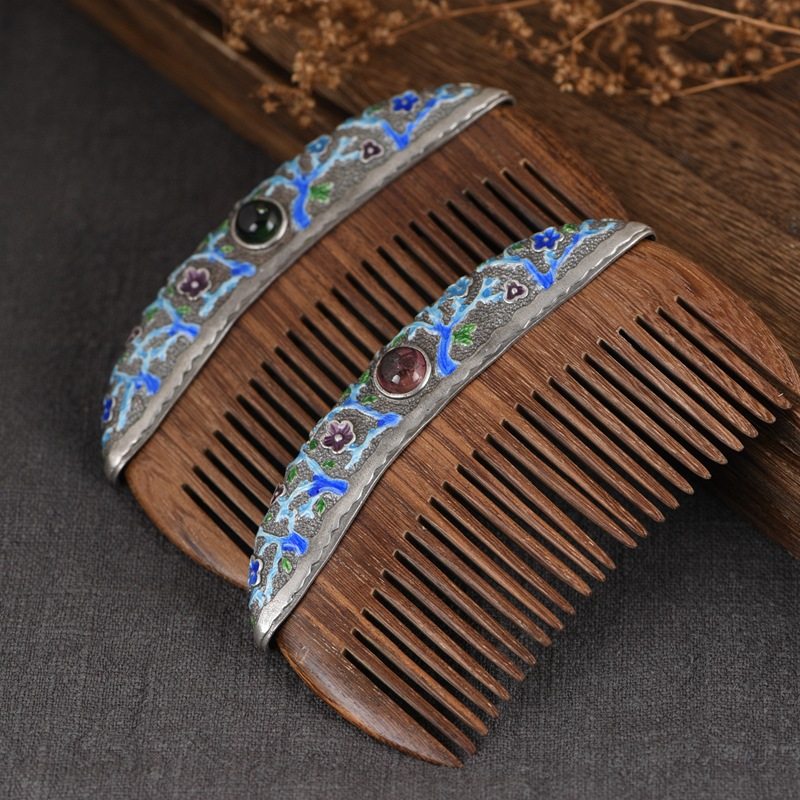 百寳阁s925纯银复古发梳女款梳子发饰檀木碧玺发饰