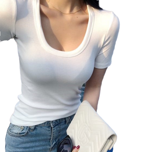 2019夏季紧身显胸打底衫u领低胸性感显瘦大领口露背短袖t恤女上衣