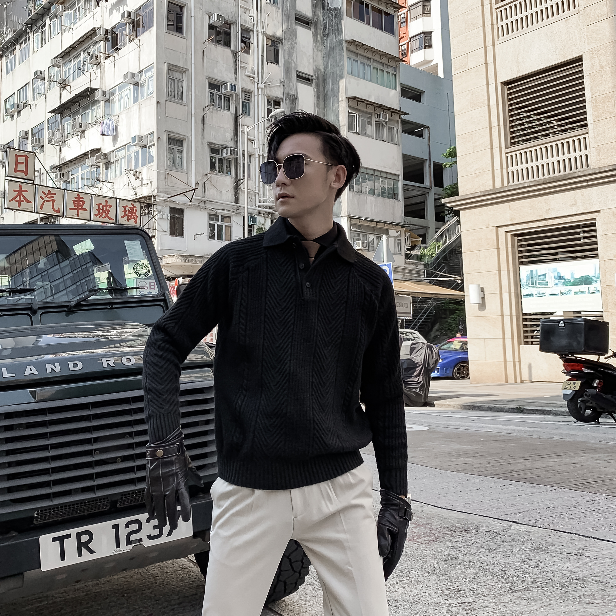 【DAIO MENS】韩国休闲秋长袖翻领菱格厚款男针织衫打底毛衣百搭