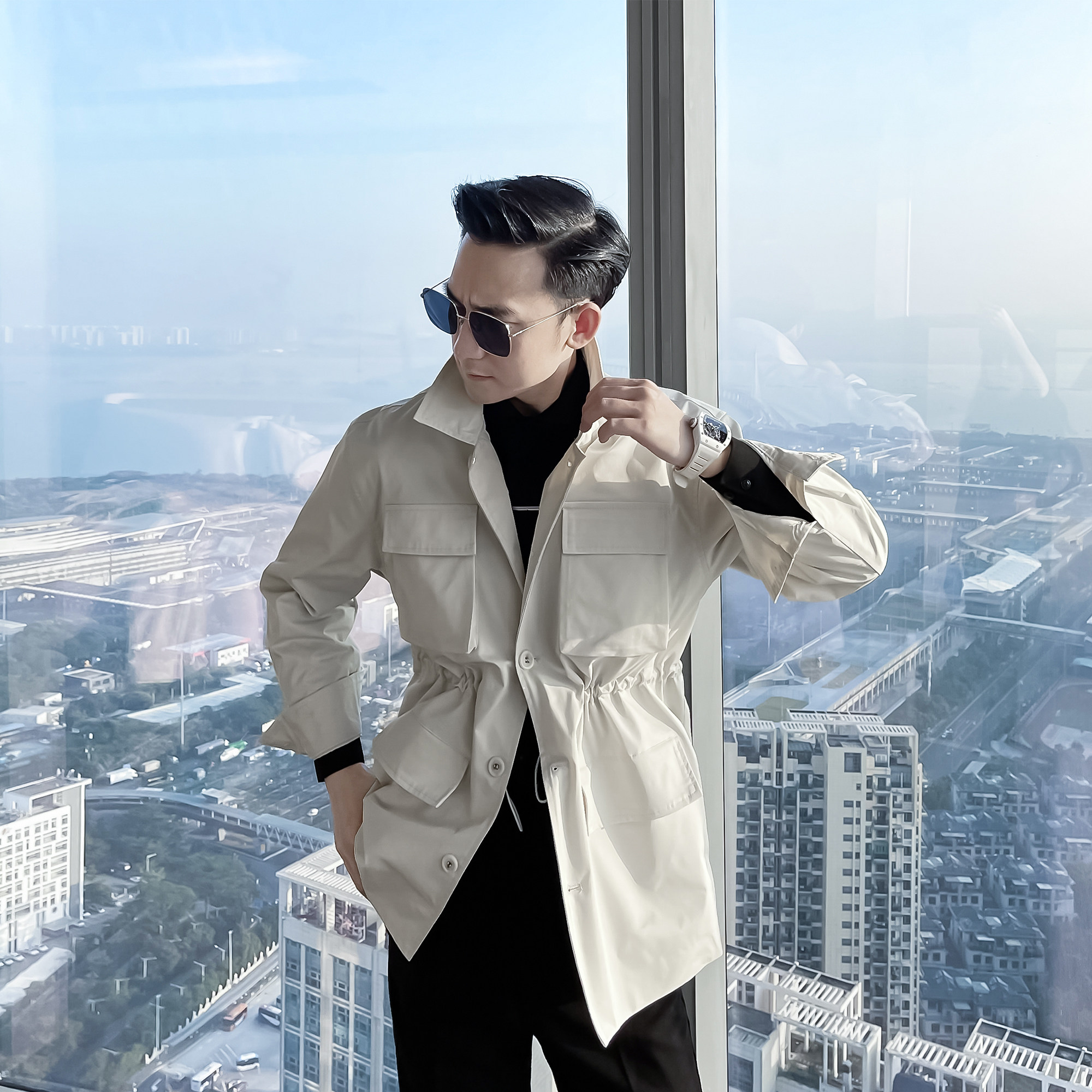 daioethan英伦型男纯色翻领修身夹克春季收腰工装外套男潮酷